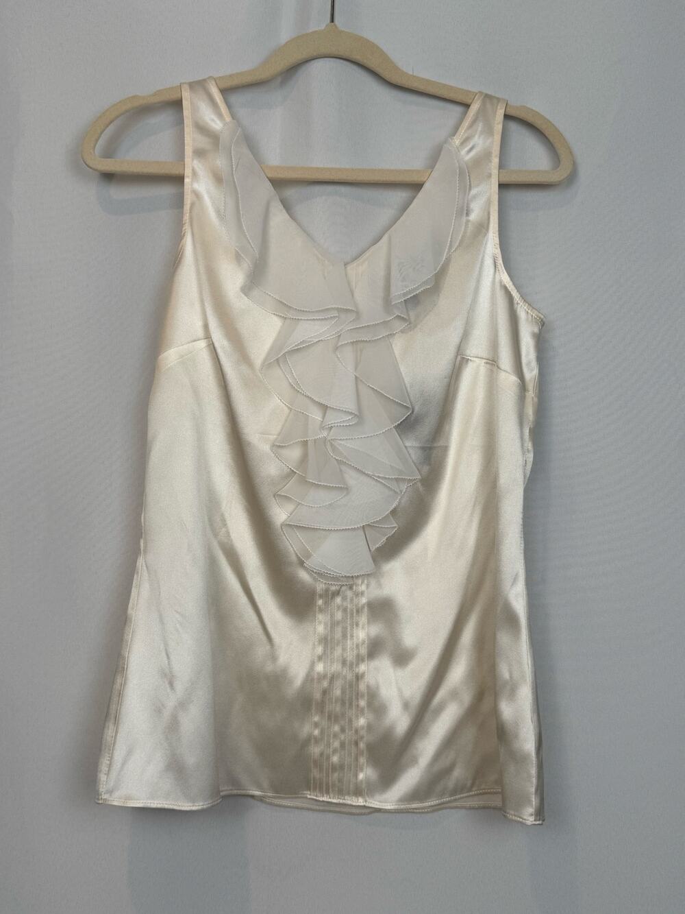 NWT White House Black Market Ivory Satin Ruffle Cami Top Blouse Size Small